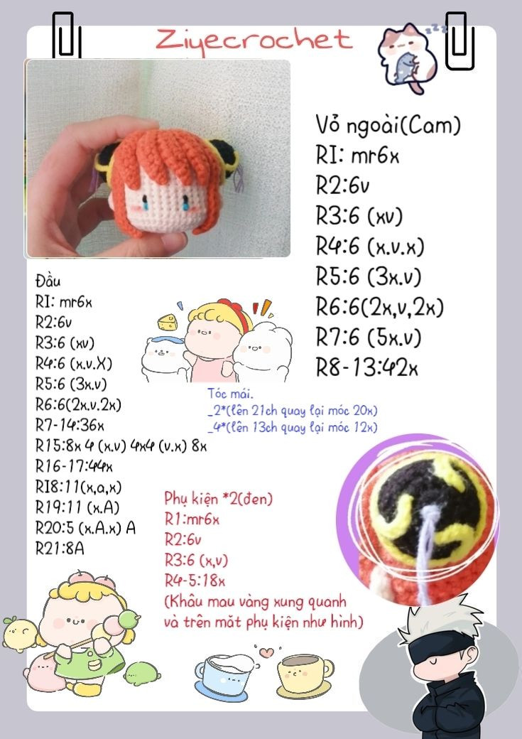 Hướng dẫn móc đầu búp bê tóc cam, mắt khóc