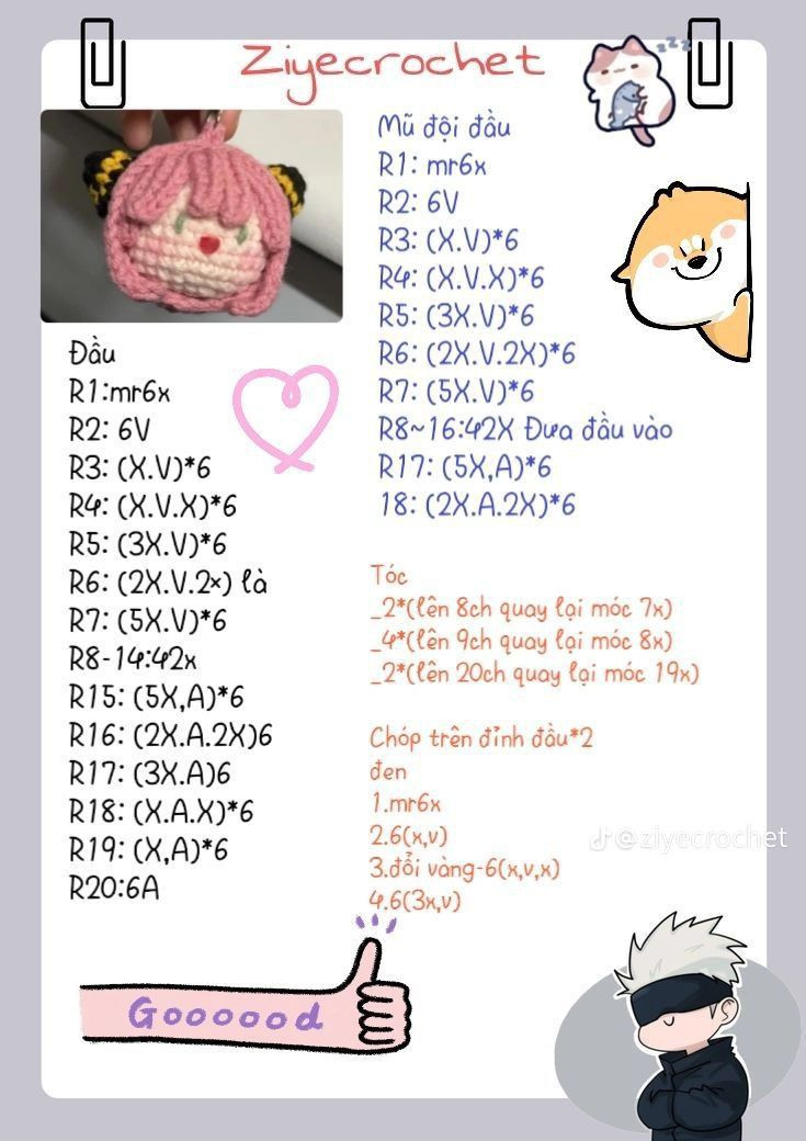 Hướng dẫn móc đầu búp bê tóc hồng và mũ đội đầu