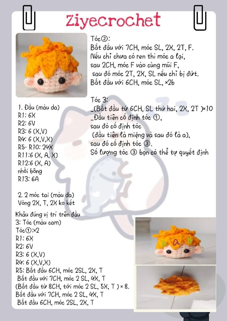 Hướng dẫn móc đầu búp bê tóc vàng cam dễ thương