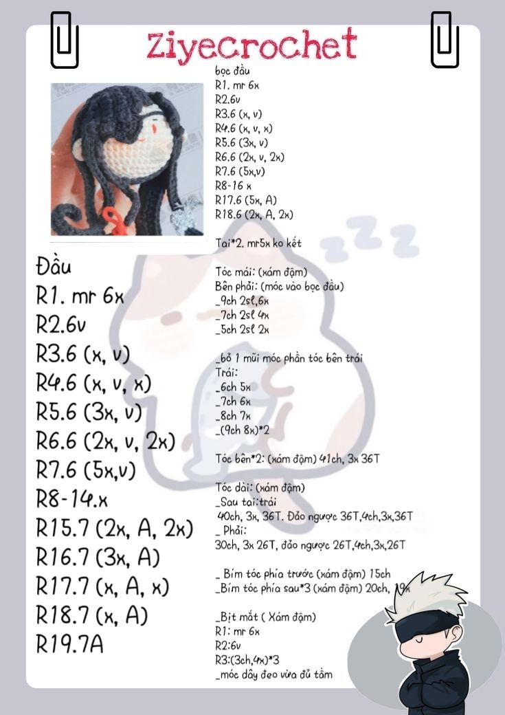 Hướng dẫn móc đầu nhân vật tóc đen mắt băng