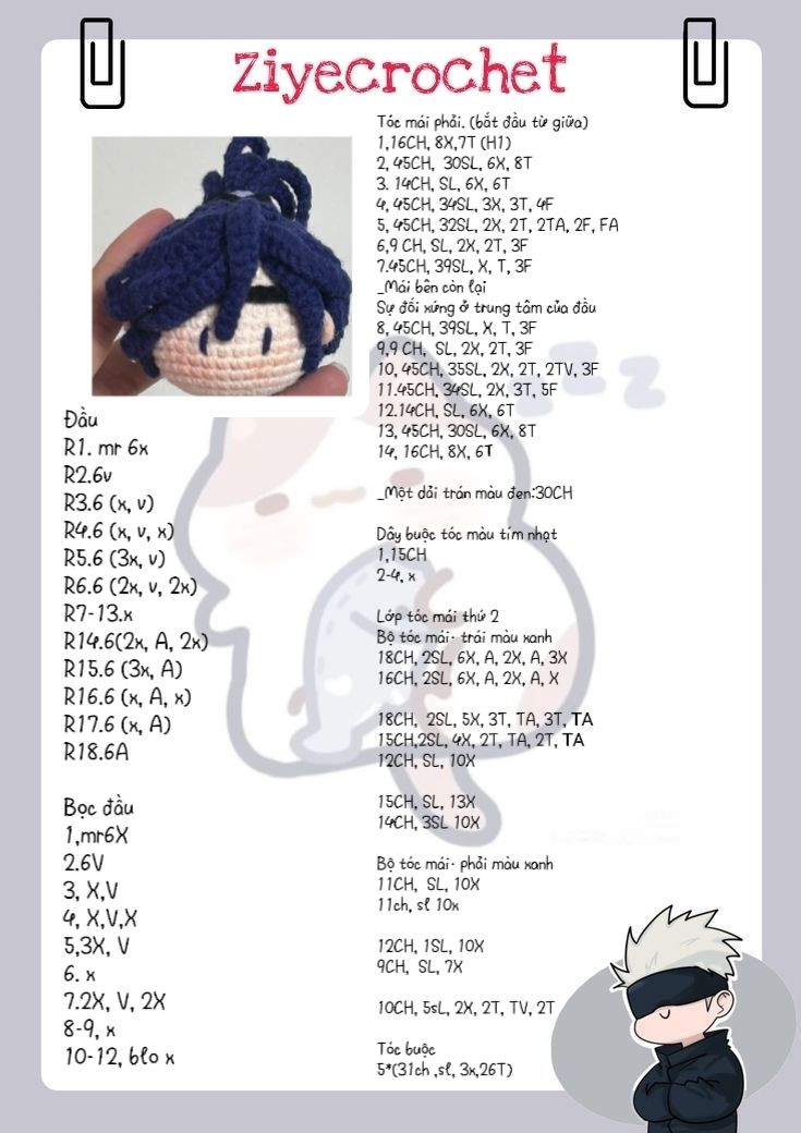 Hướng dẫn móc đầu nhân vật tóc xanh và bịt mắt