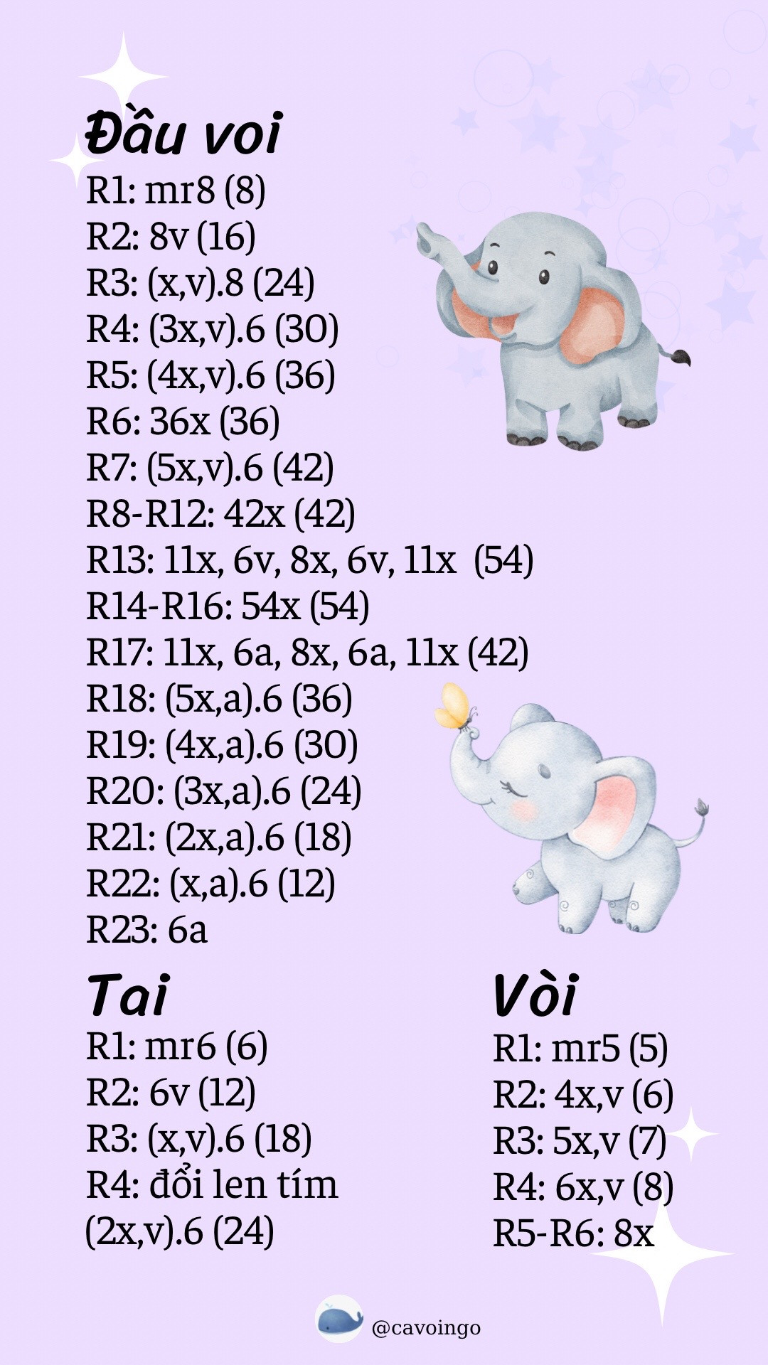 Hướng dẫn móc đầu voi tím dễ thương