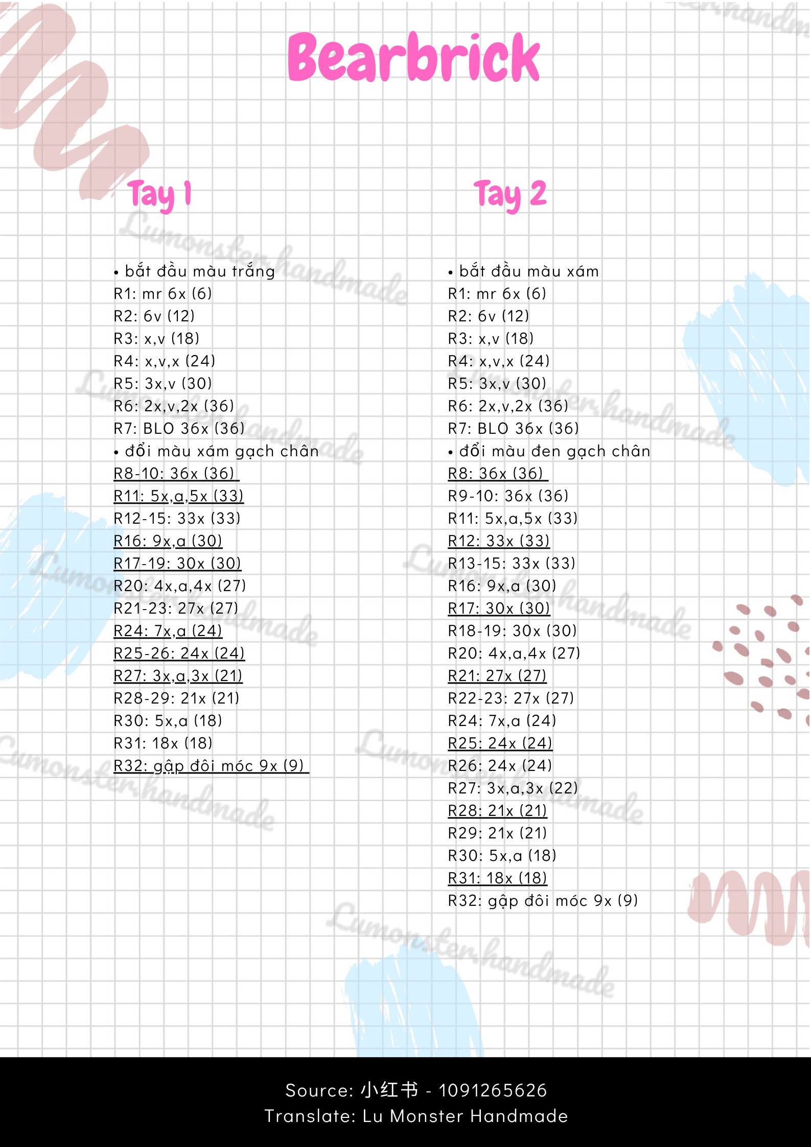 Hướng dẫn móc gấu Bearbrick đen trắng xám