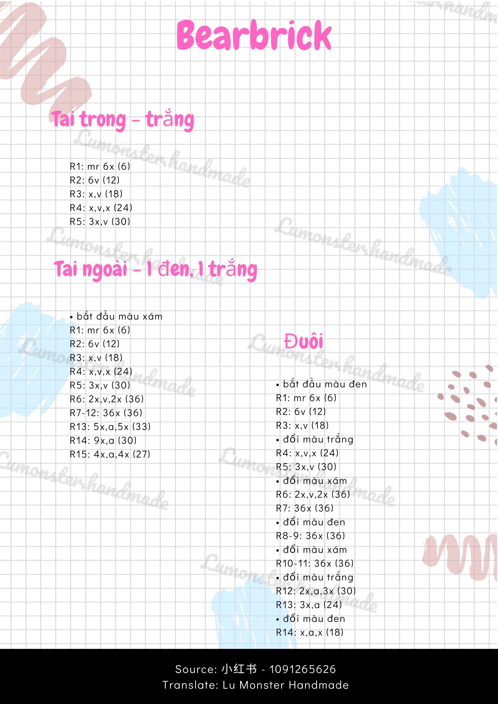 Hướng dẫn móc gấu Bearbrick đen trắng xám