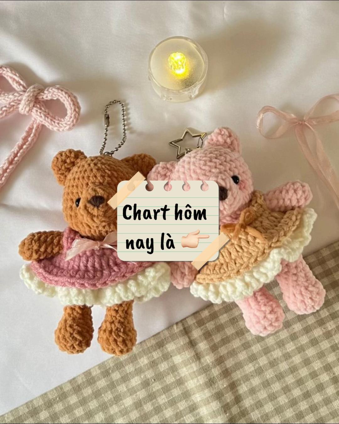 Hướng dẫn móc gấu bông mặc váy màu hồng và nâu