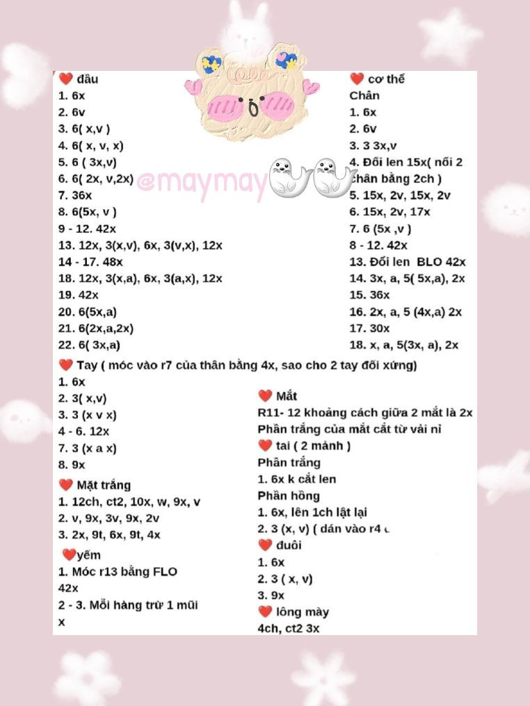 Hướng dẫn móc gấu bông màu hồng mặc quần yếm