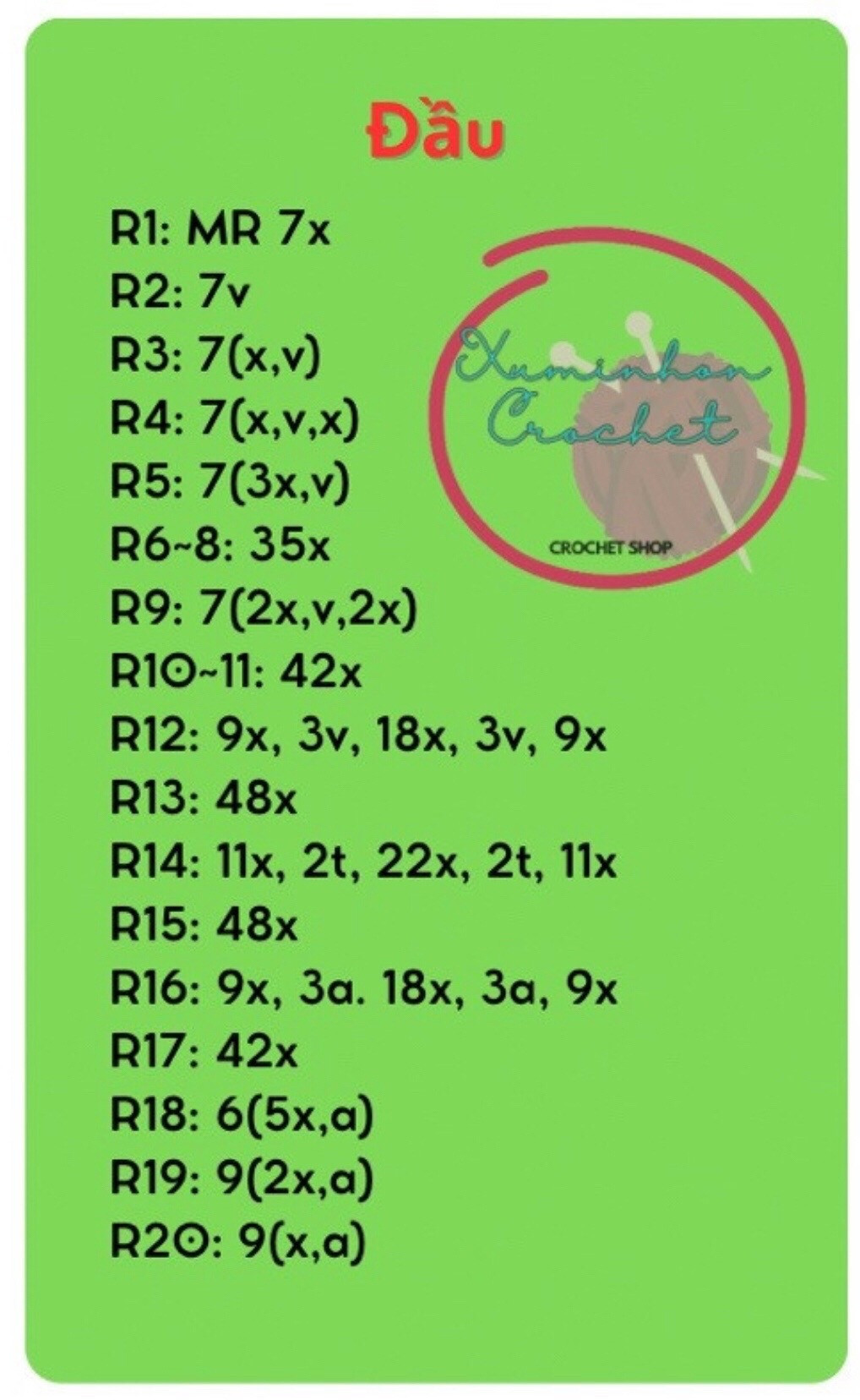 Hướng dẫn móc gấu bông màu xanh lá, chart chi tiết từng phần
