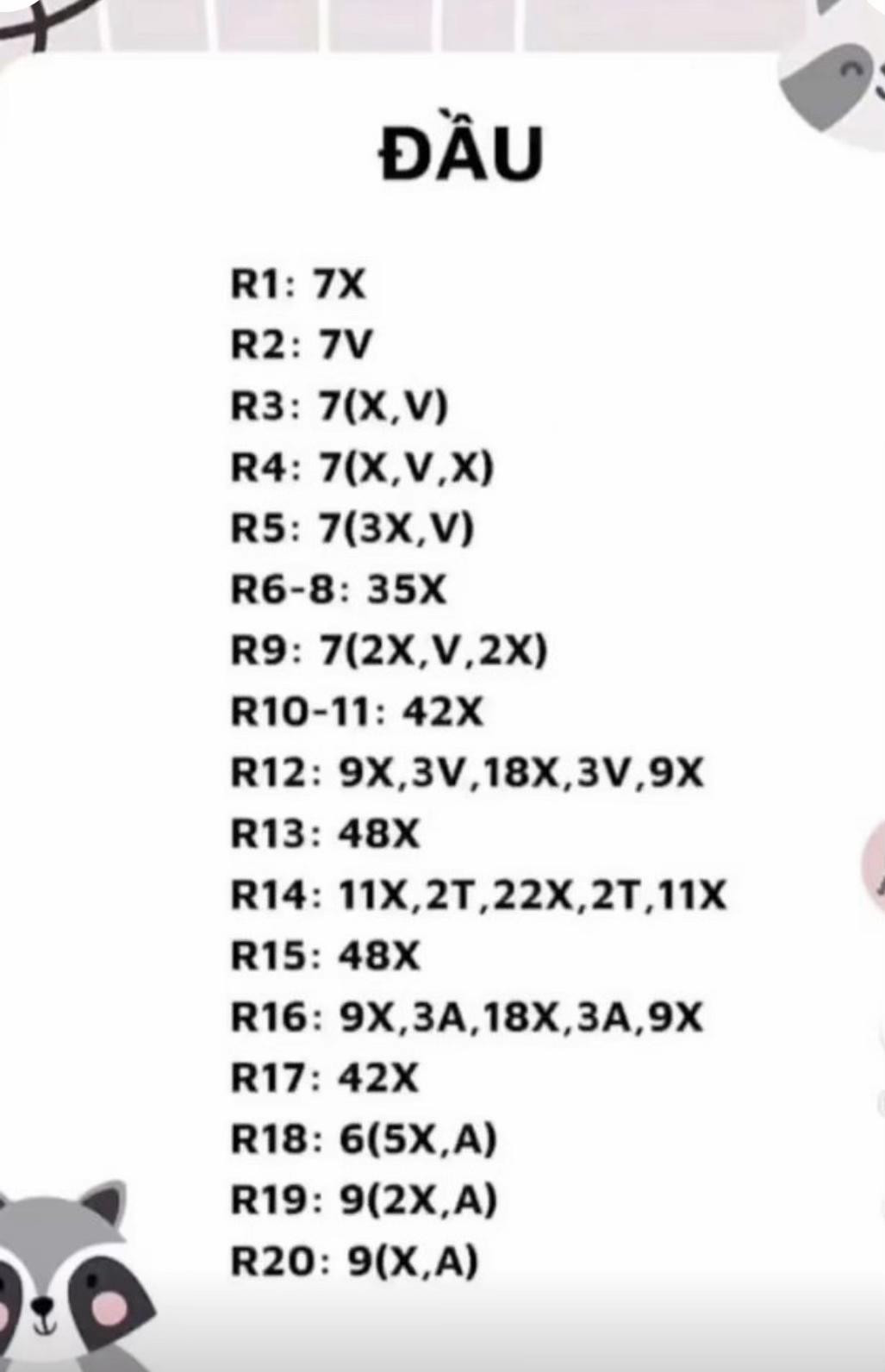 Hướng dẫn móc gấu bông màu xanh lá với chart chi tiết từng phần