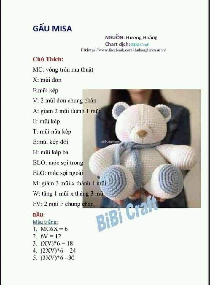 Hướng dẫn móc gấu bông Misa màu trắng xanh