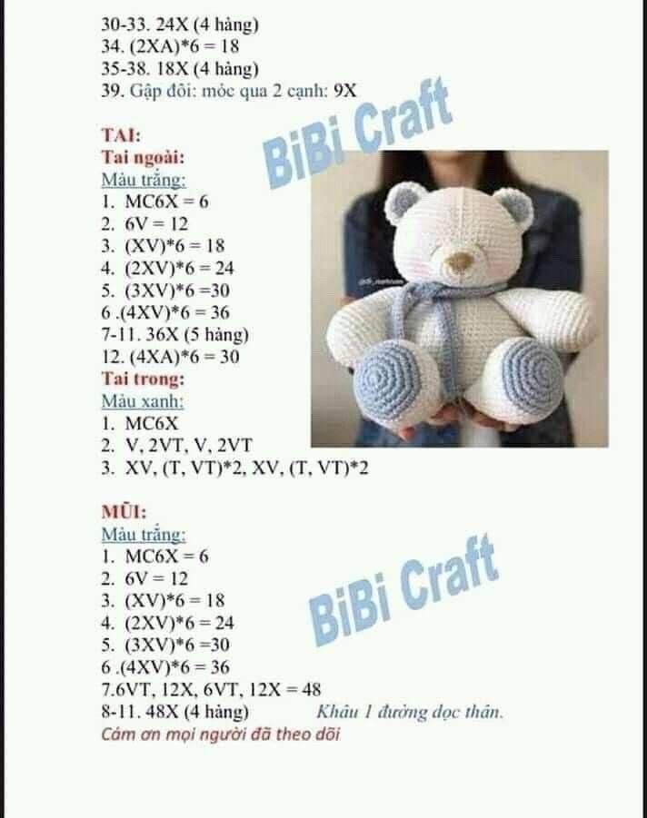 Hướng dẫn móc gấu bông Misa màu trắng xanh