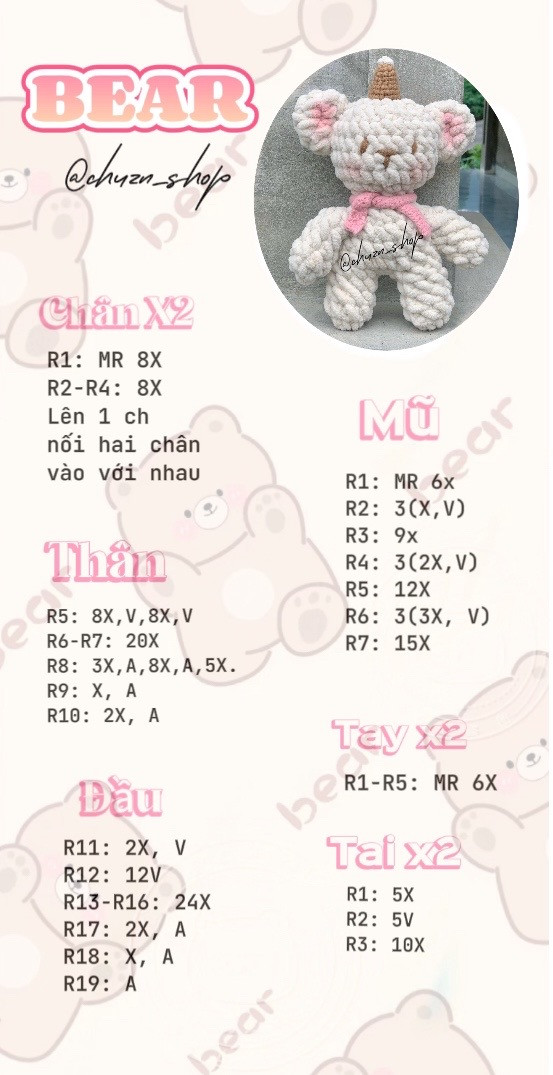 Hướng dẫn móc gấu bông Unicorn màu kem với khăn quàng hồng