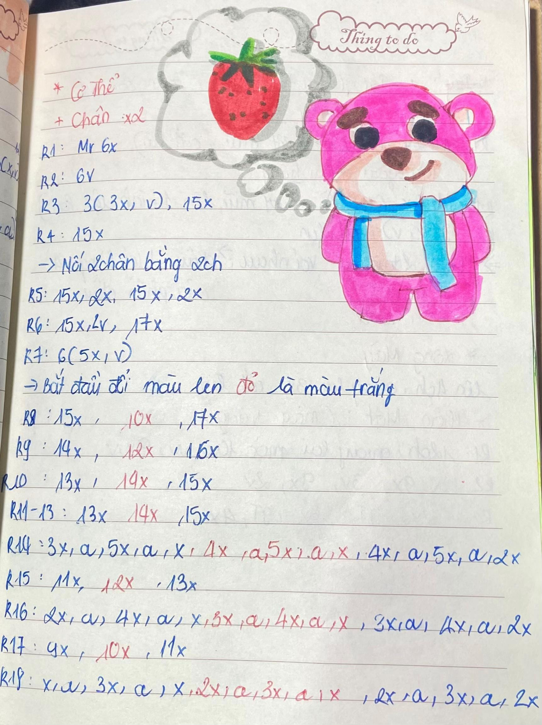 Hướng dẫn móc gấu dâu amigurumi màu hồng với khăn xanh, kèm hình ảnh thành phẩm và bản vẽ chi tiết