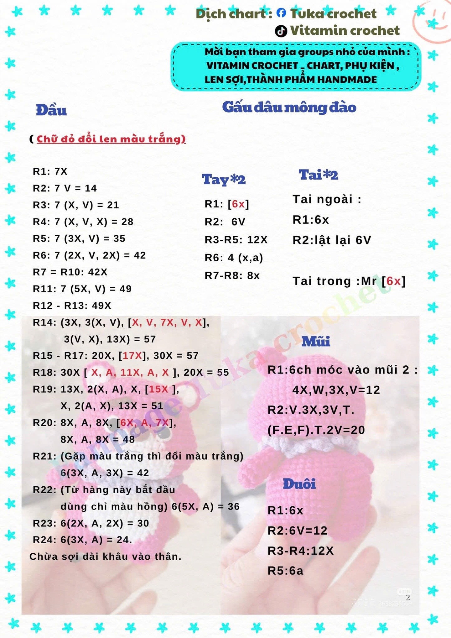 Hướng dẫn móc Gấu dâu mông đào màu hồng trắng dễ thương