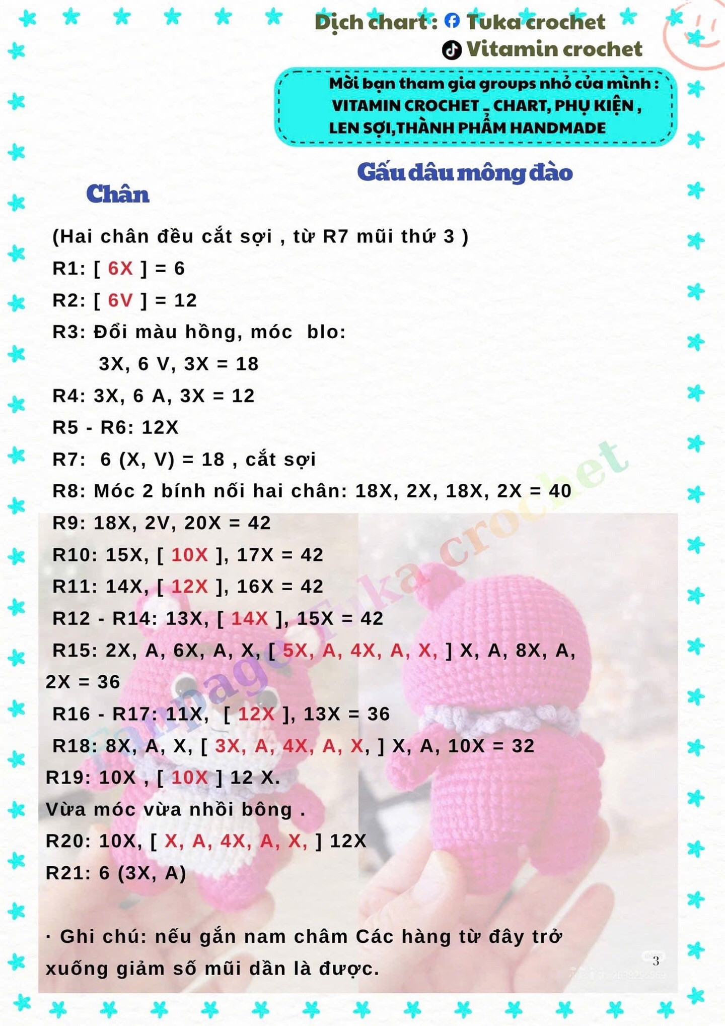 Hướng dẫn móc Gấu dâu mông đào màu hồng trắng dễ thương