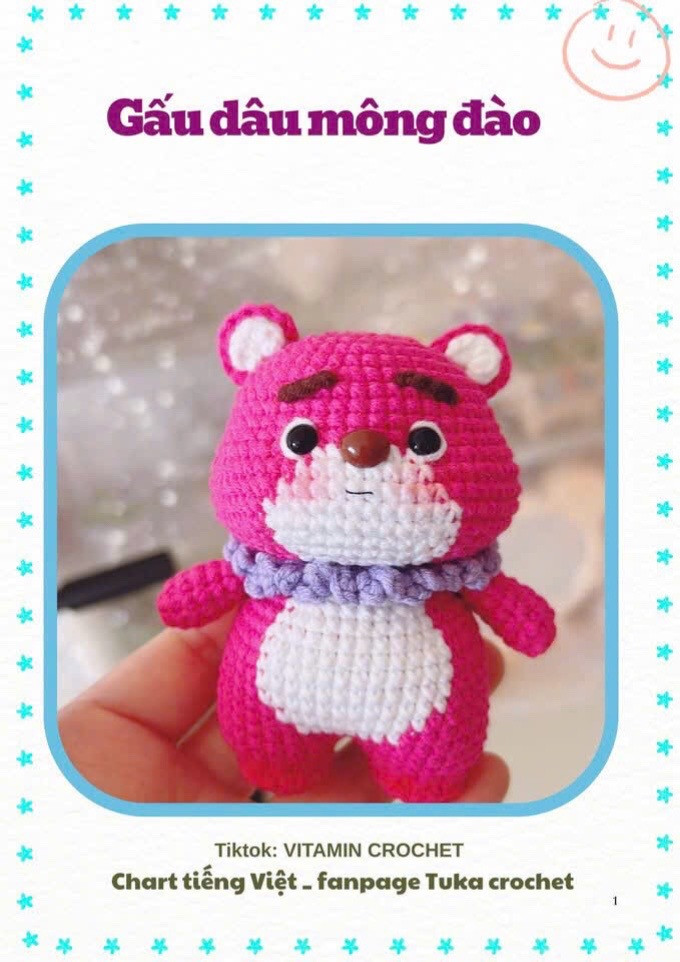Hướng dẫn móc Gấu dâu mông đào màu hồng trắng dễ thương