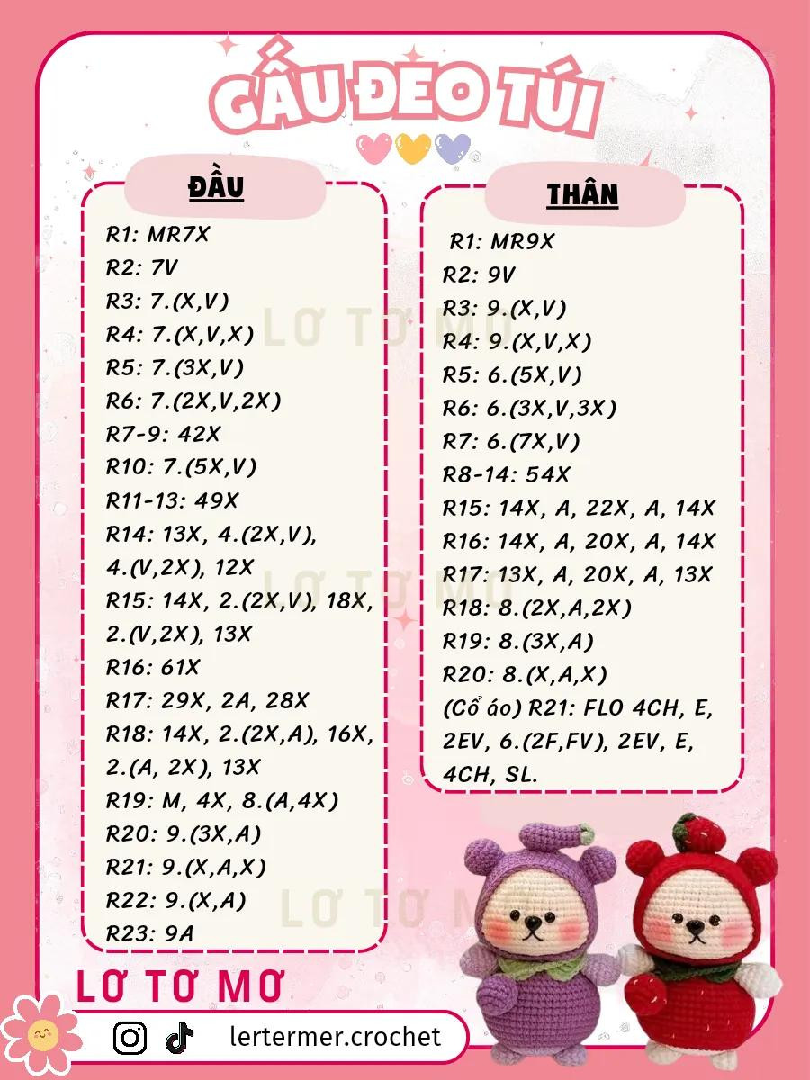 Hướng dẫn móc gấu đeo túi cà tím và dâu tây dễ thương