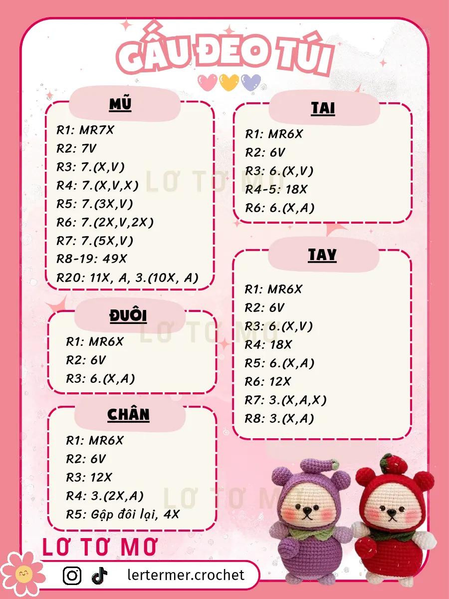 Hướng dẫn móc gấu đeo túi cà tím và dâu tây dễ thương