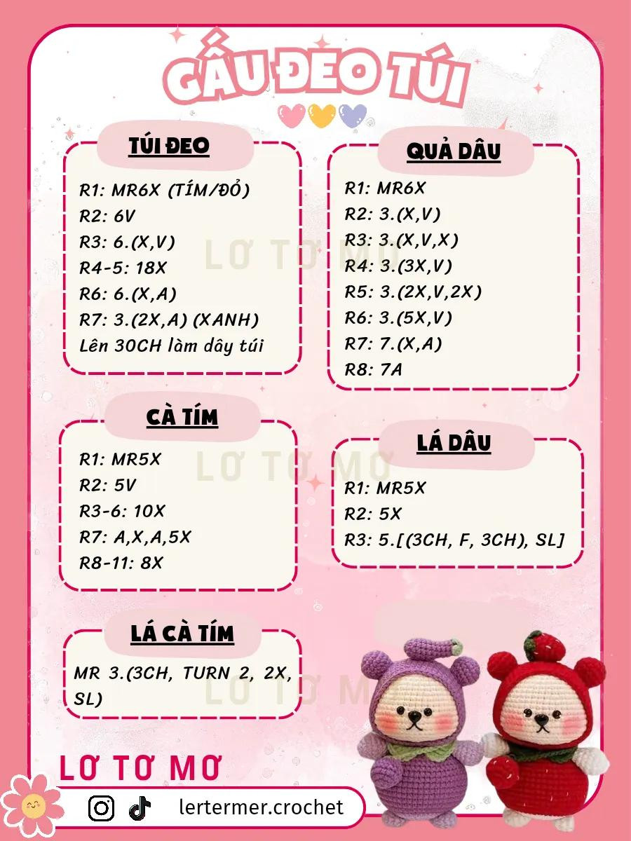 Hướng dẫn móc gấu đeo túi cà tím và dâu tây dễ thương