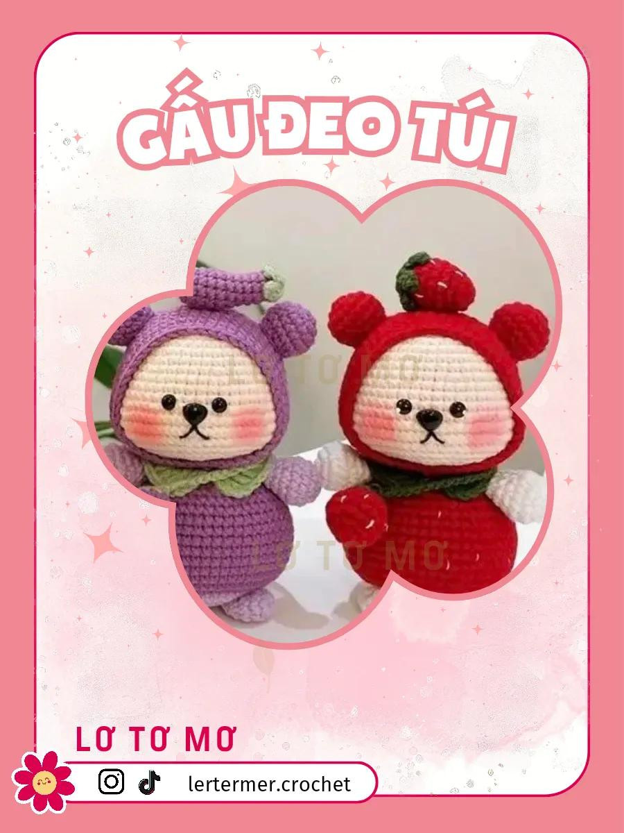 Hướng dẫn móc gấu đeo túi cà tím và dâu tây dễ thương