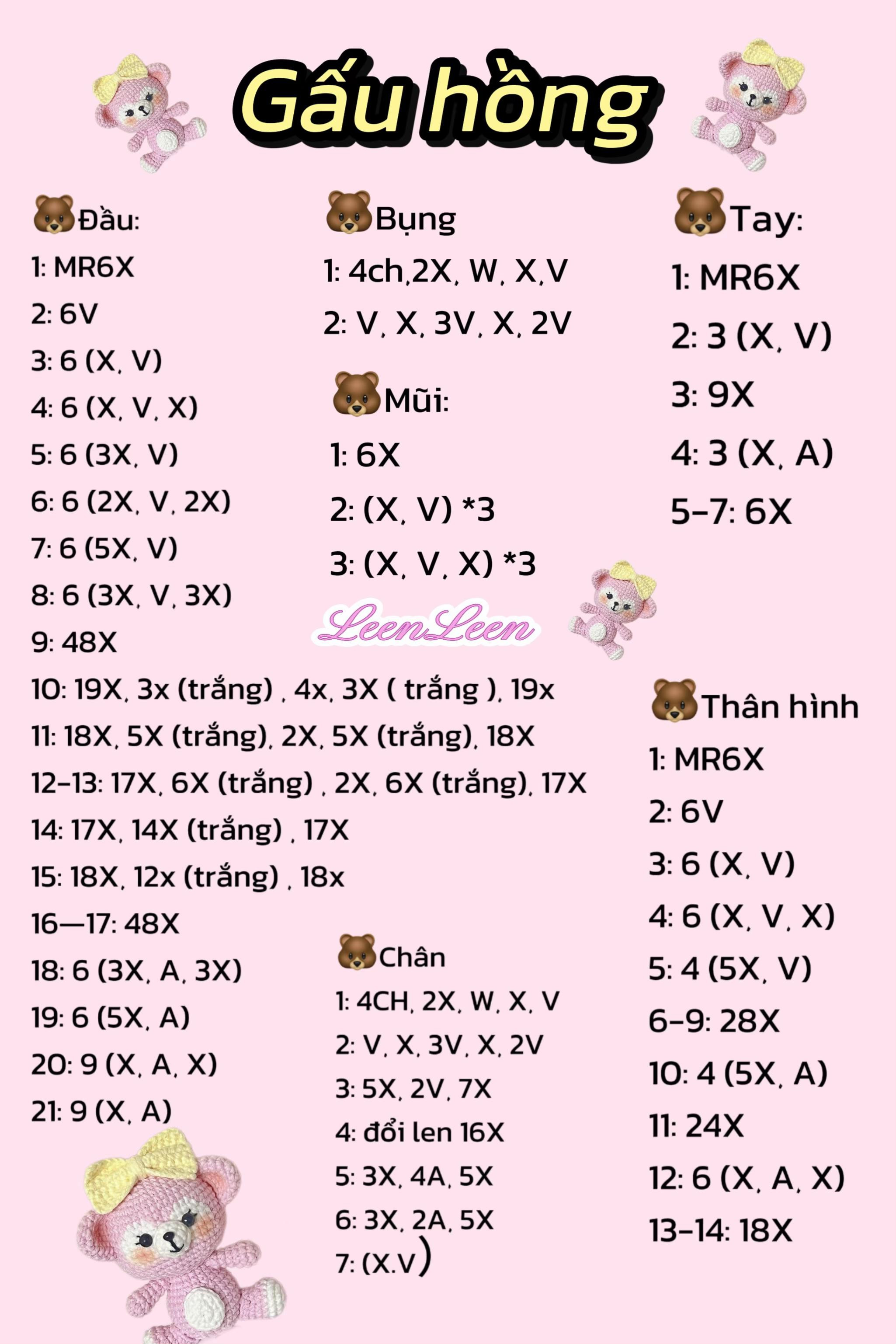 Hướng dẫn móc gấu hồng dễ thương kèm nơ vàng