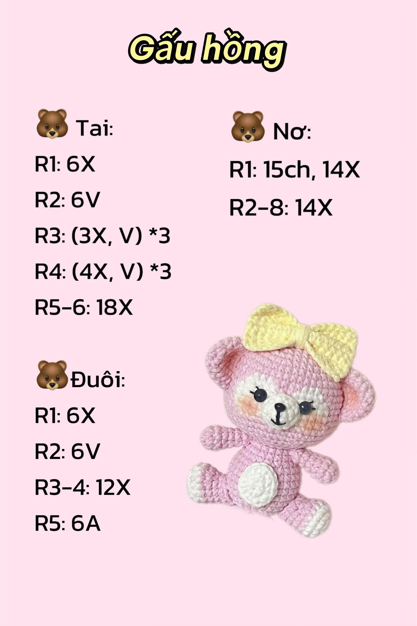 Hướng dẫn móc gấu hồng dễ thương kèm nơ vàng