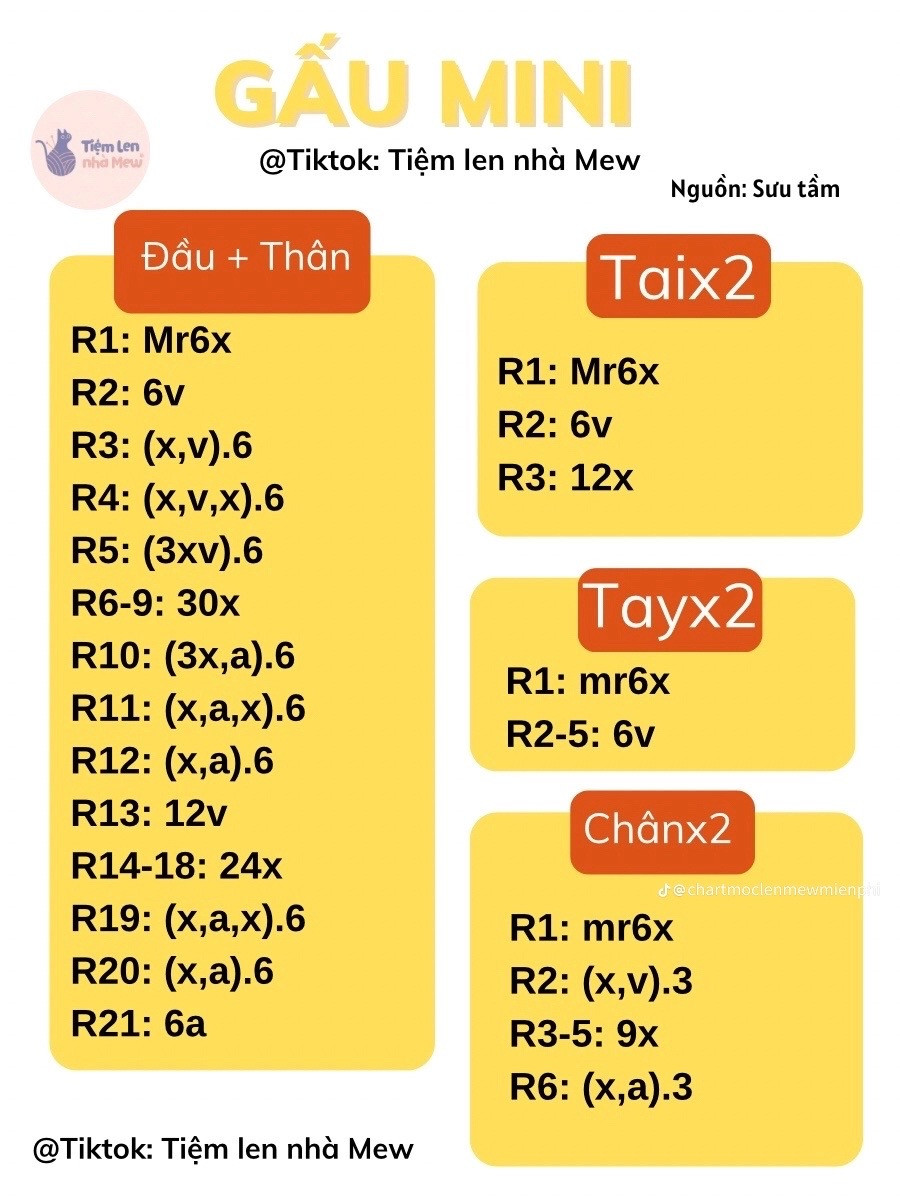 Hướng dẫn móc gấu mini màu vàng với khăn xanh