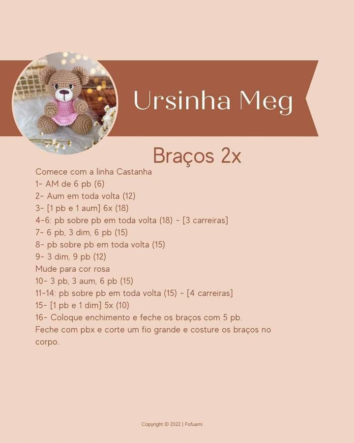 Hướng dẫn móc gấu Ursinha Meg màu nâu mặc váy hồng