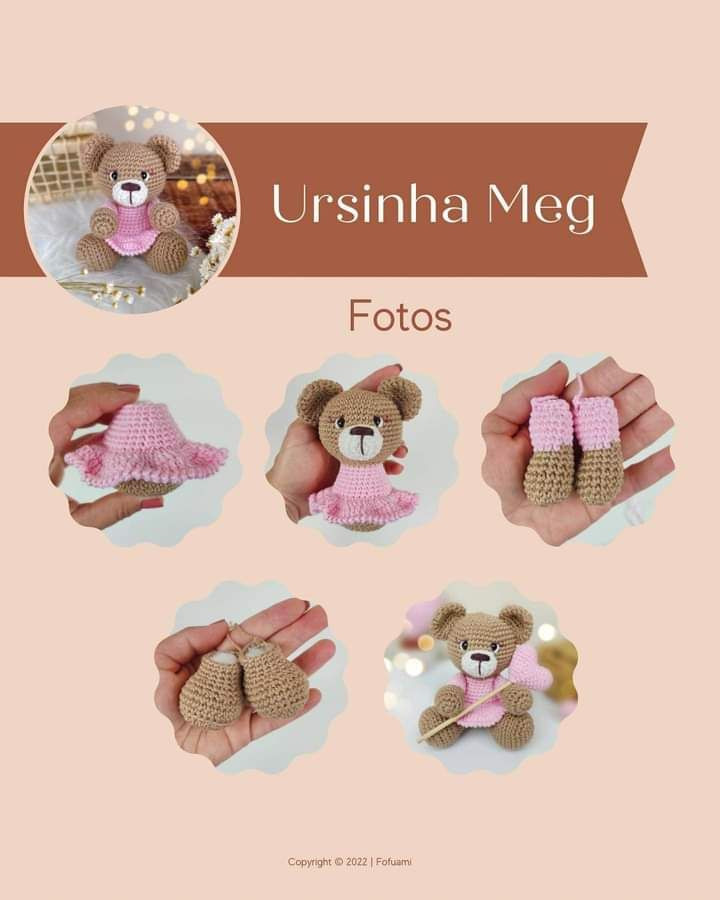 Hướng dẫn móc gấu Ursinha Meg màu nâu mặc váy hồng
