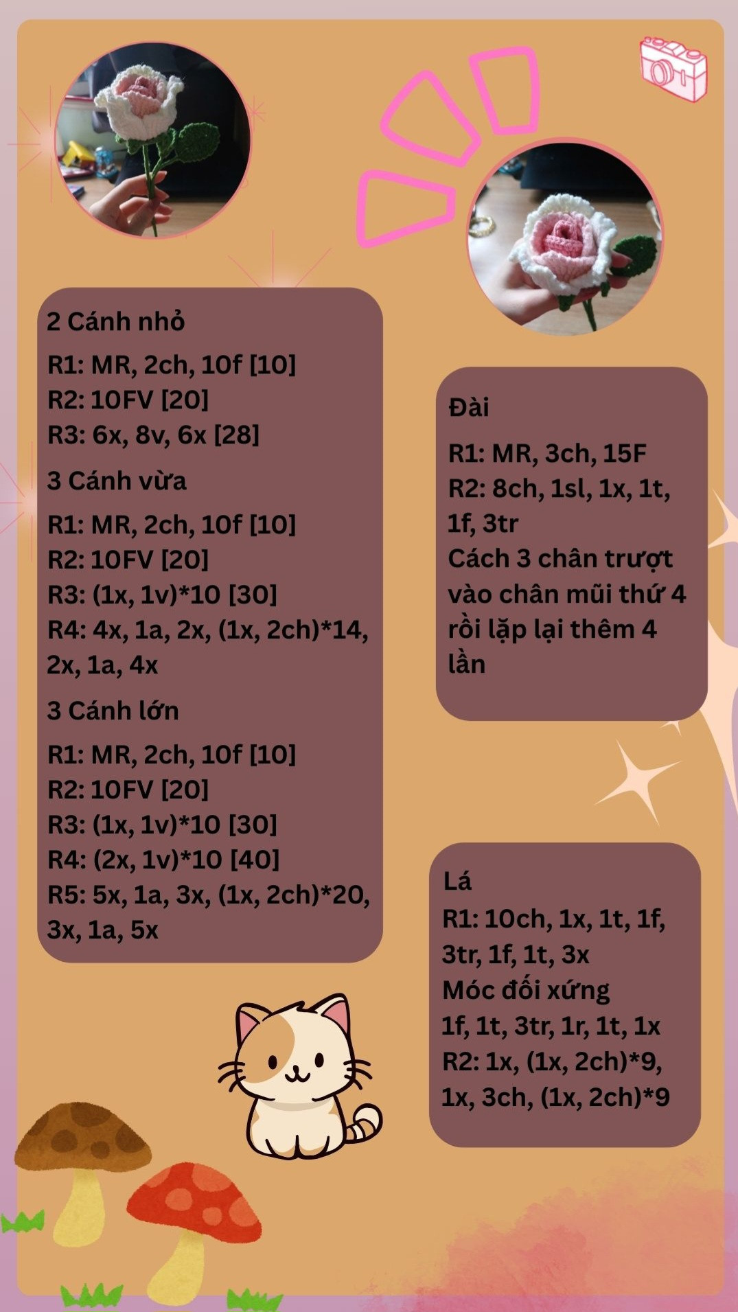 Hướng dẫn móc hoa hồng len màu trắng và hồng