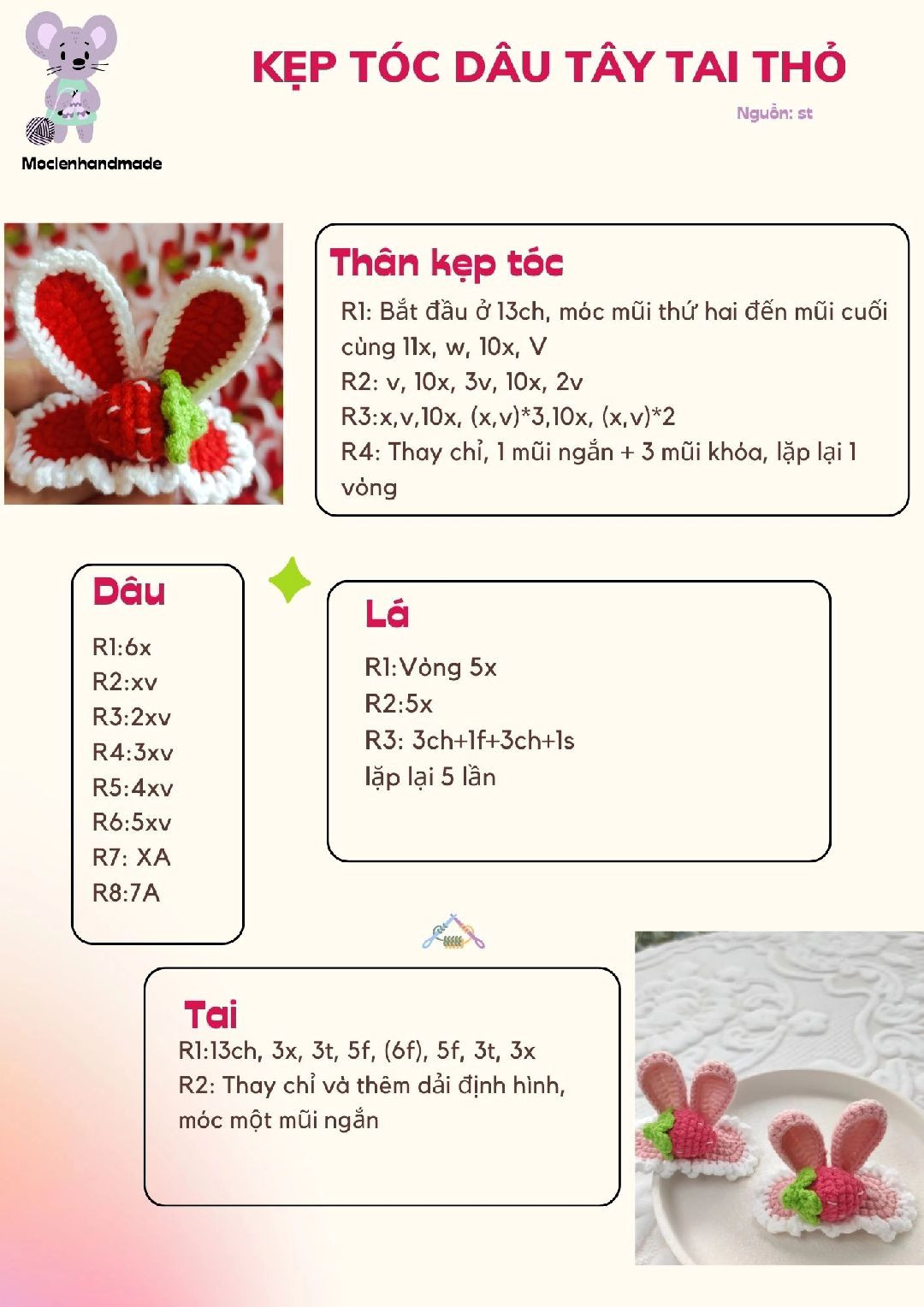 Hướng dẫn móc kẹp tóc dâu tây tai thỏ dễ thương