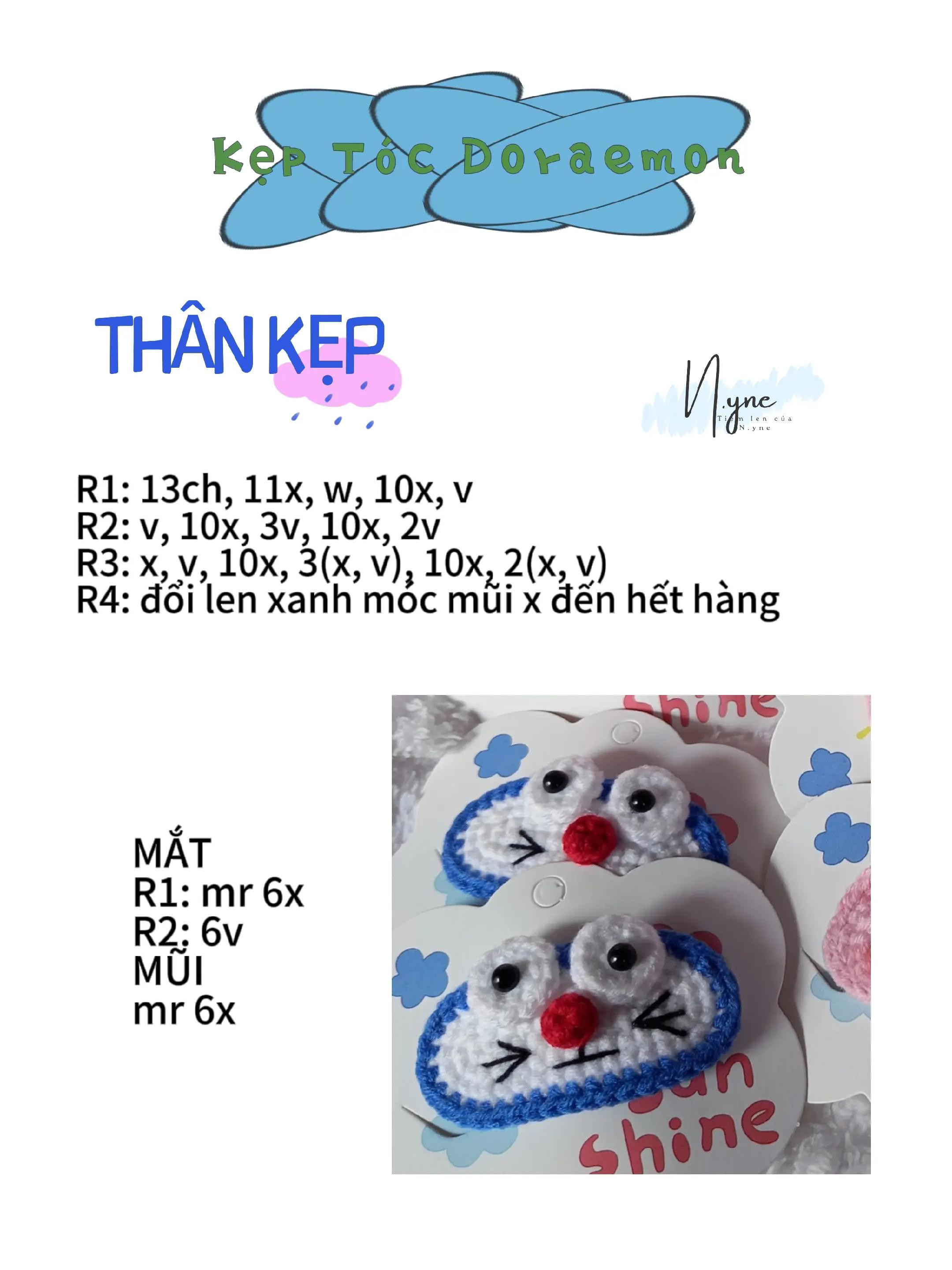 Hướng dẫn móc kẹp tóc Doraemon xanh trắng