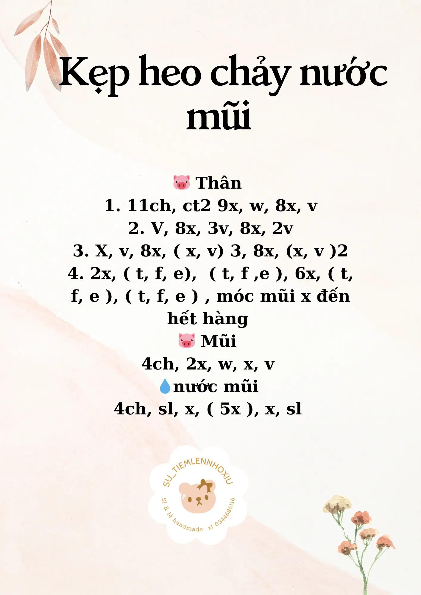 Hướng dẫn móc kẹp tóc hình heo chảy nước mũi dễ thương, chart chi tiết từng hàng