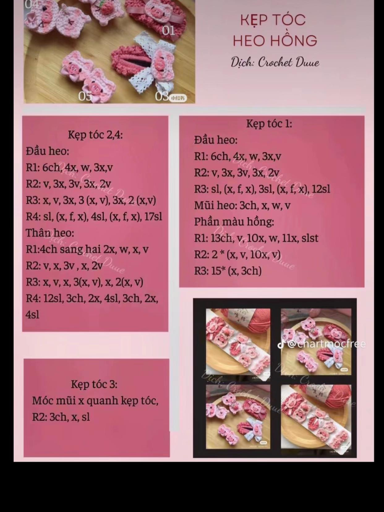 Hướng dẫn móc kẹp tóc hình heo hồng dễ thương