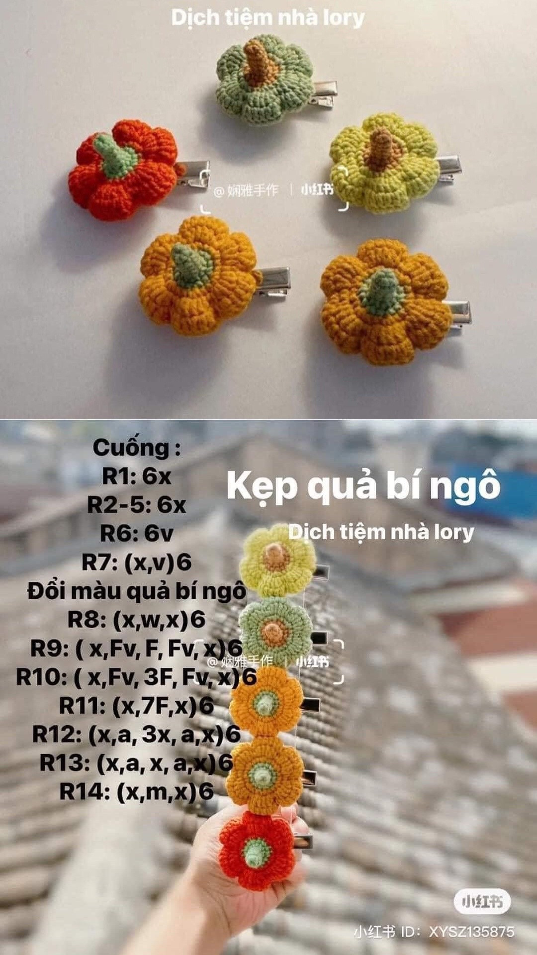 Hướng dẫn móc kẹp tóc quả bí ngô mùa thu