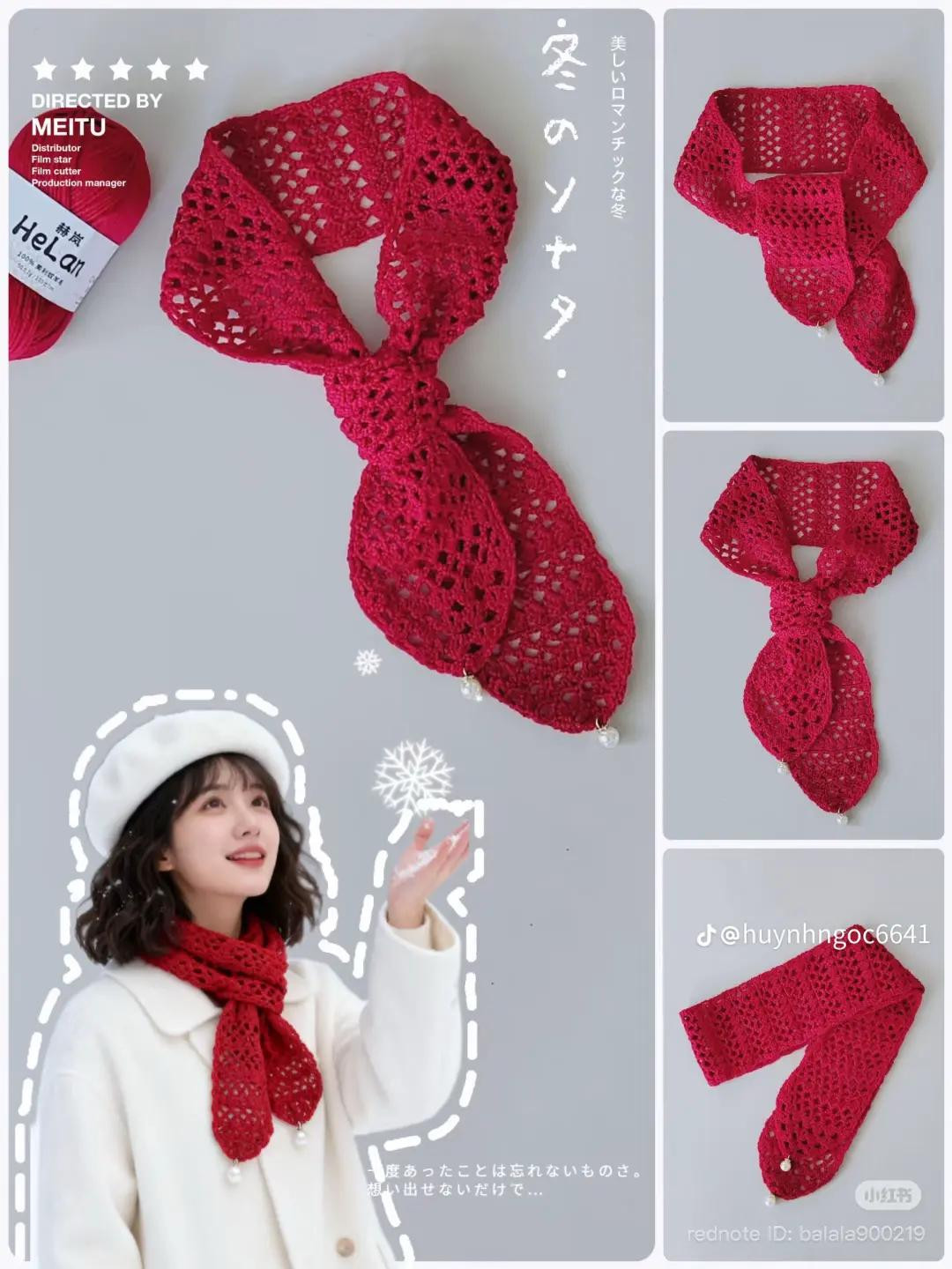 Hướng dẫn móc khăn len đỏ hoa văn mắt lưới đính ngọc trai