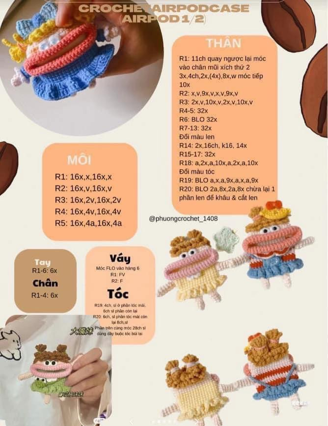 Hướng dẫn móc len Airpods case nhân vật tóc vàng miệng rộng