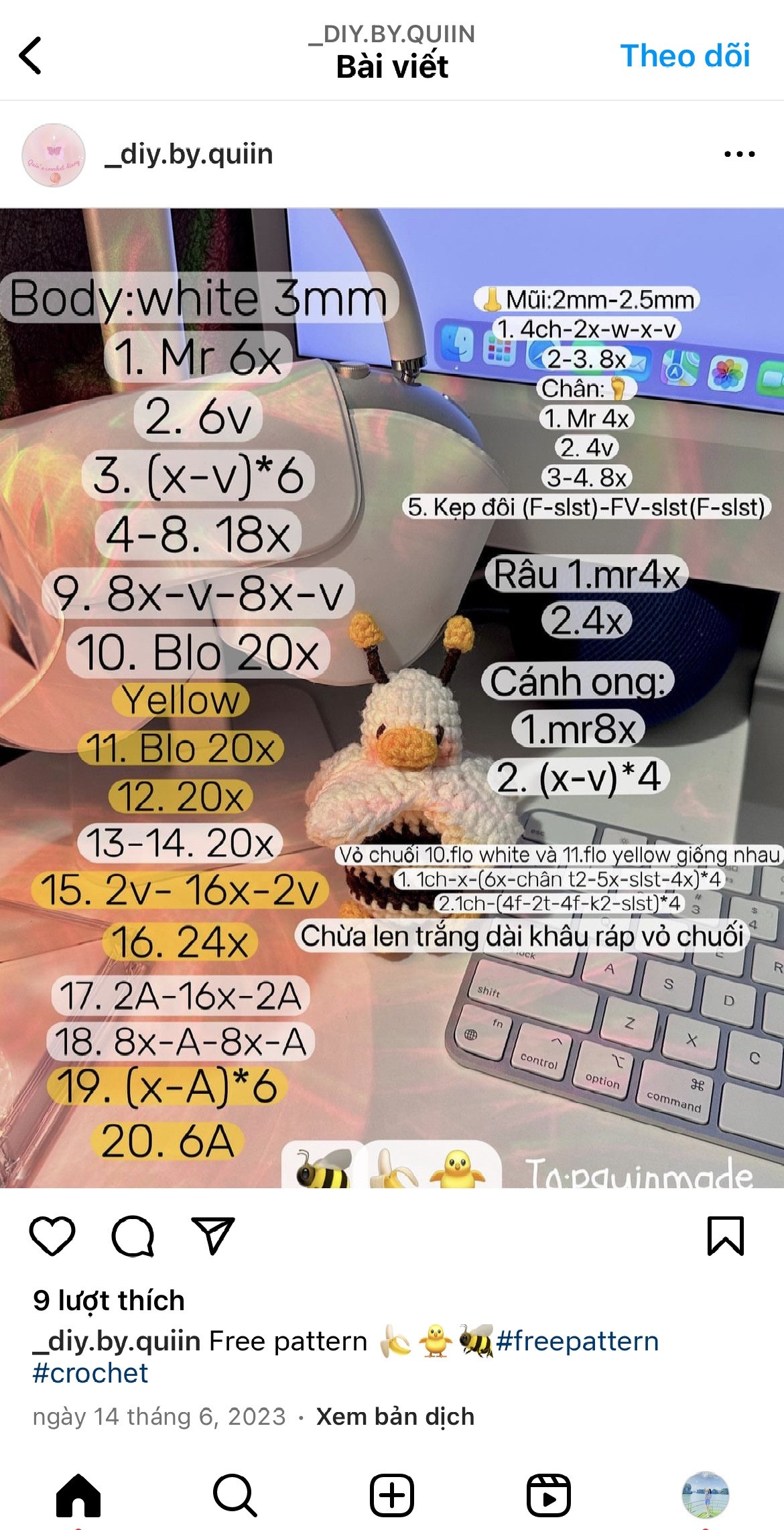 Hướng dẫn móc len Amigurumi Ong và Gà con trong vỏ chuối