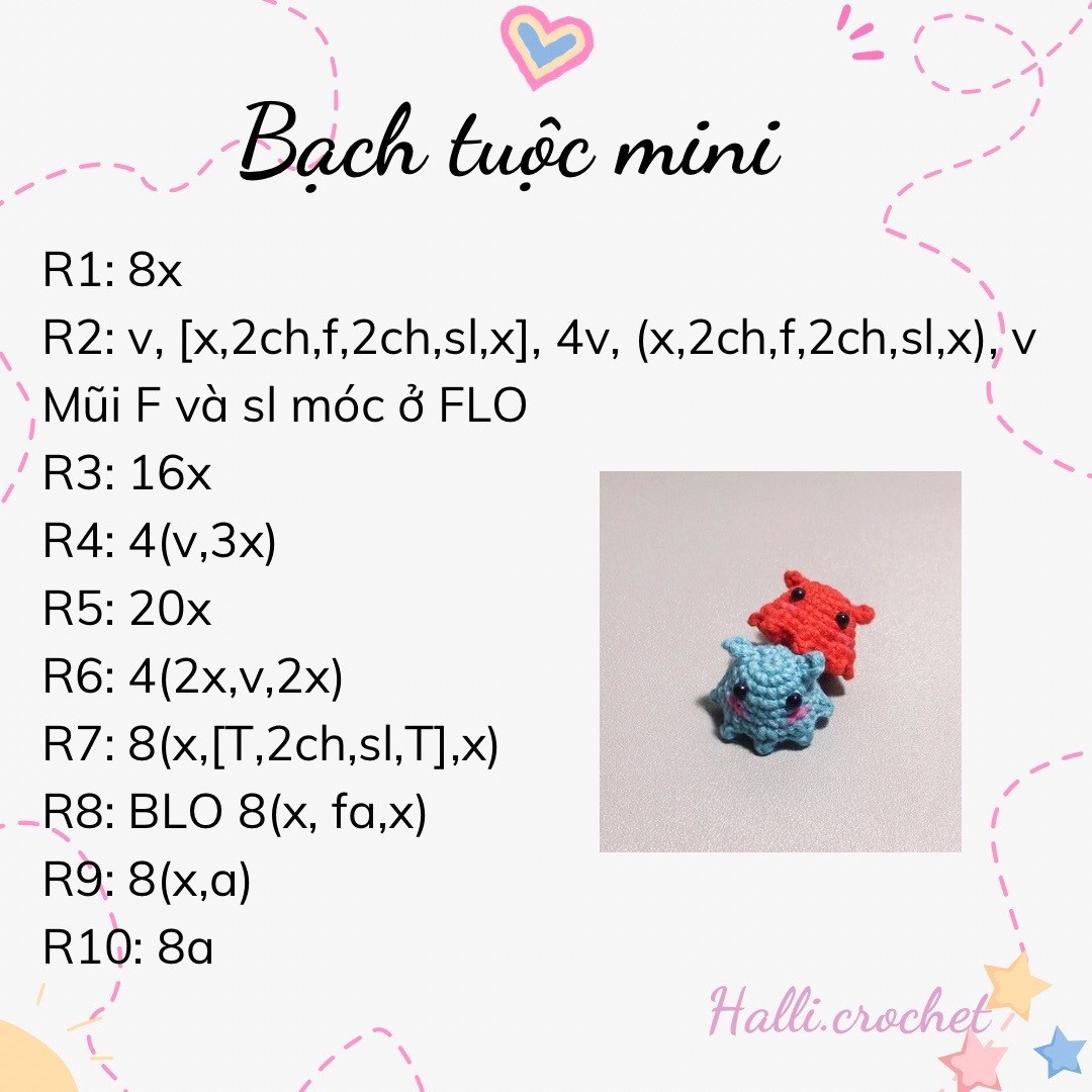 Hướng dẫn móc len Bạch tuộc mini (Mini Octopus) nhiều màu sắc dễ thương, chart chi tiết từng hàng