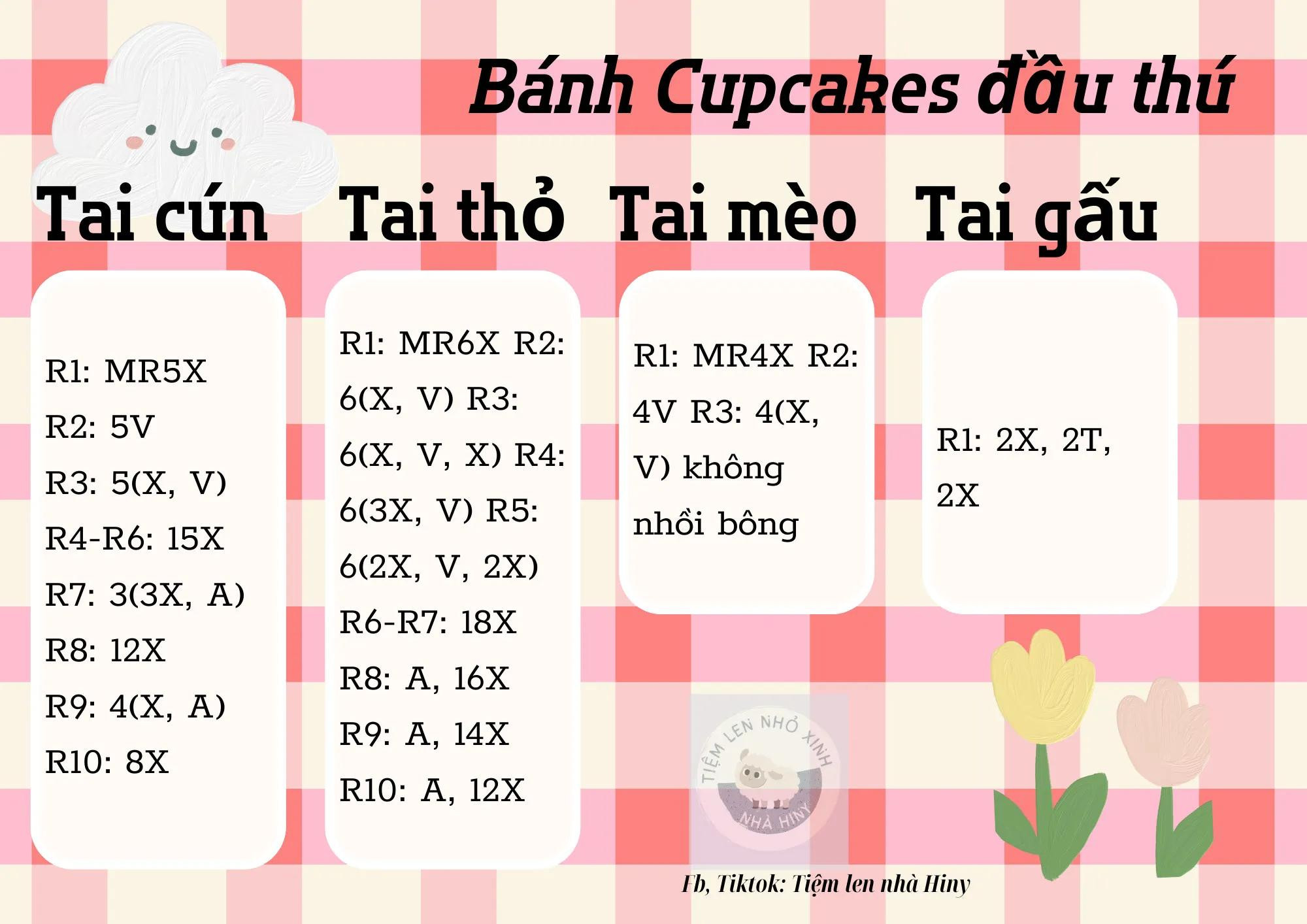 Hướng dẫn móc len Bánh Cupcakes đầu thú với các mẫu tai chó, mèo, thỏ, gấu