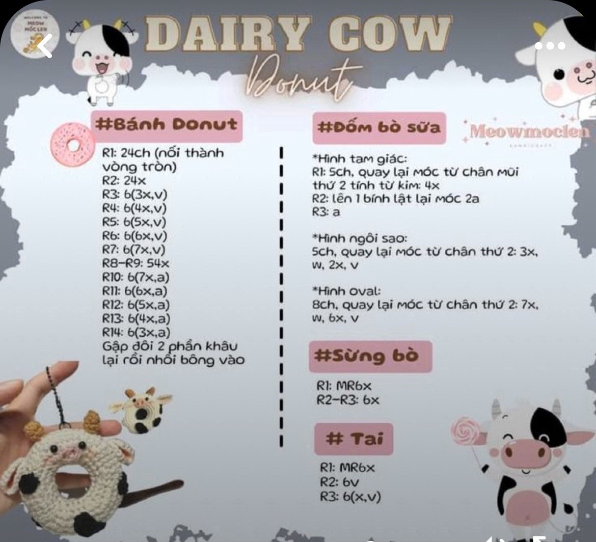 Hướng dẫn móc len Bánh Donut hình Con Bò Sữa