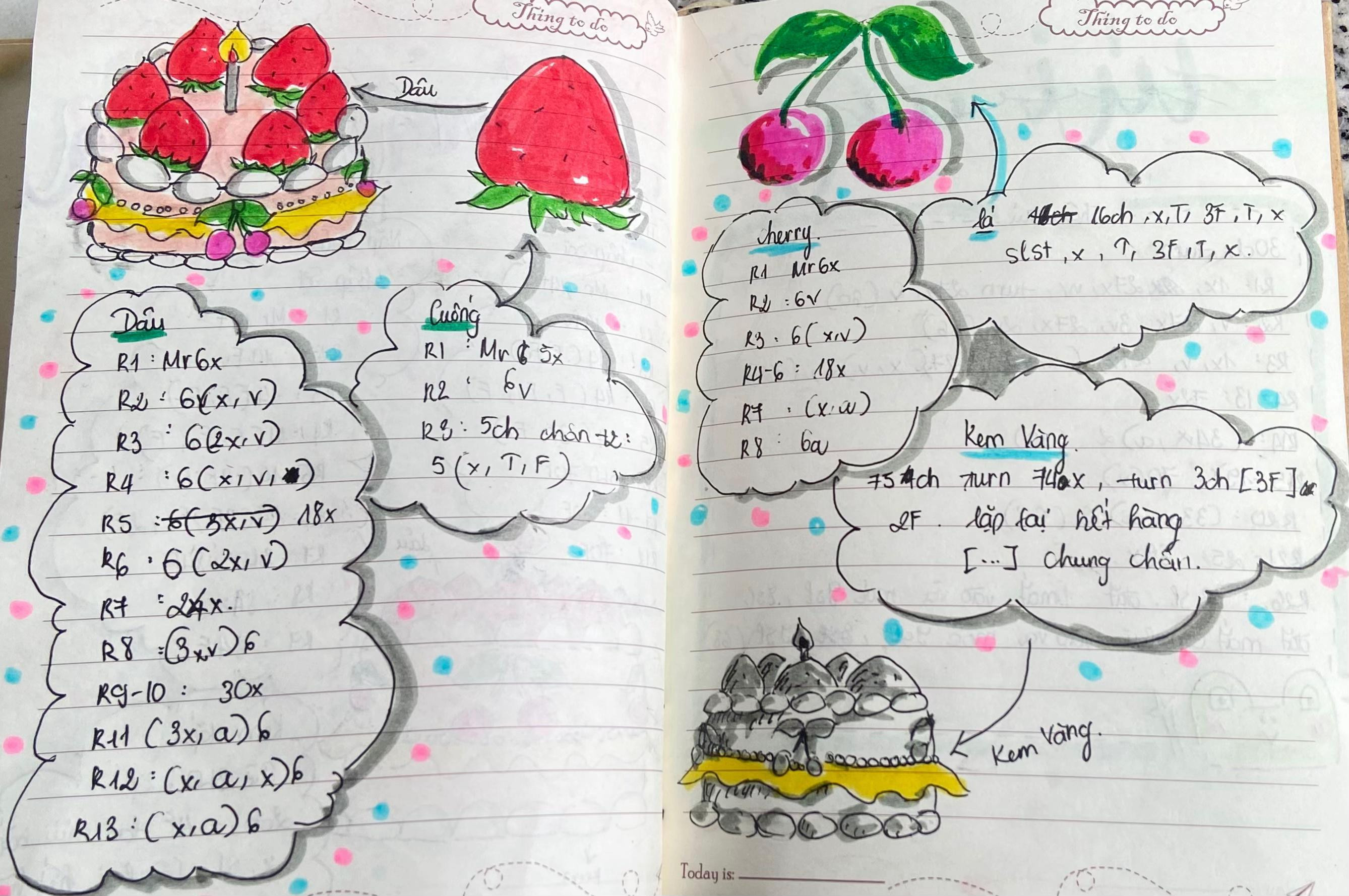 Hướng dẫn móc len bánh kem dâu tây và cherry, chart chi tiết từng phần thân, nắp và trang trí