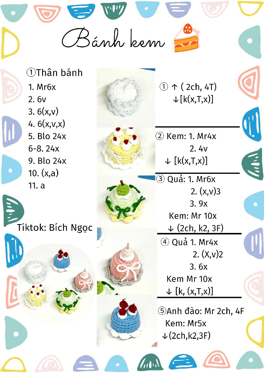 Hướng dẫn móc len Bánh kem (Ice cream cake) chi tiết từng bước với nhiều màu sắc