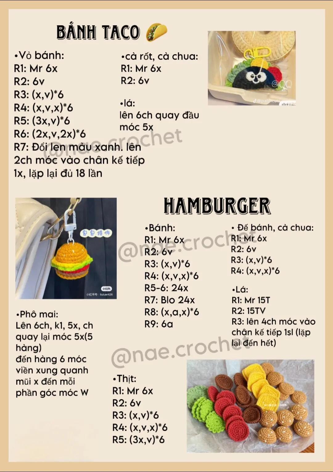Hướng dẫn móc len Bánh Taco và Hamburger - Chart chi tiết từng hàng