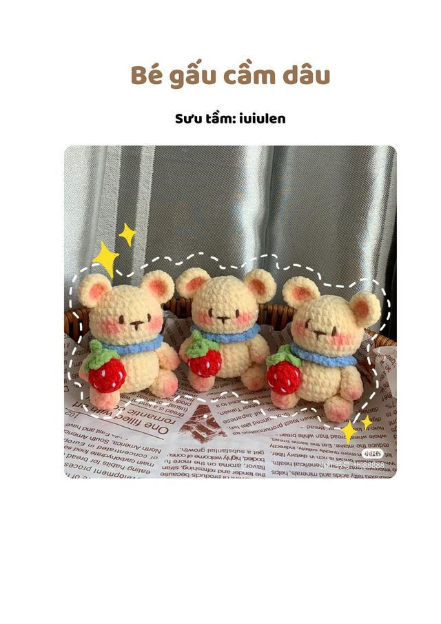 Hướng dẫn móc len bé gấu cầm dâu màu kem dễ thương