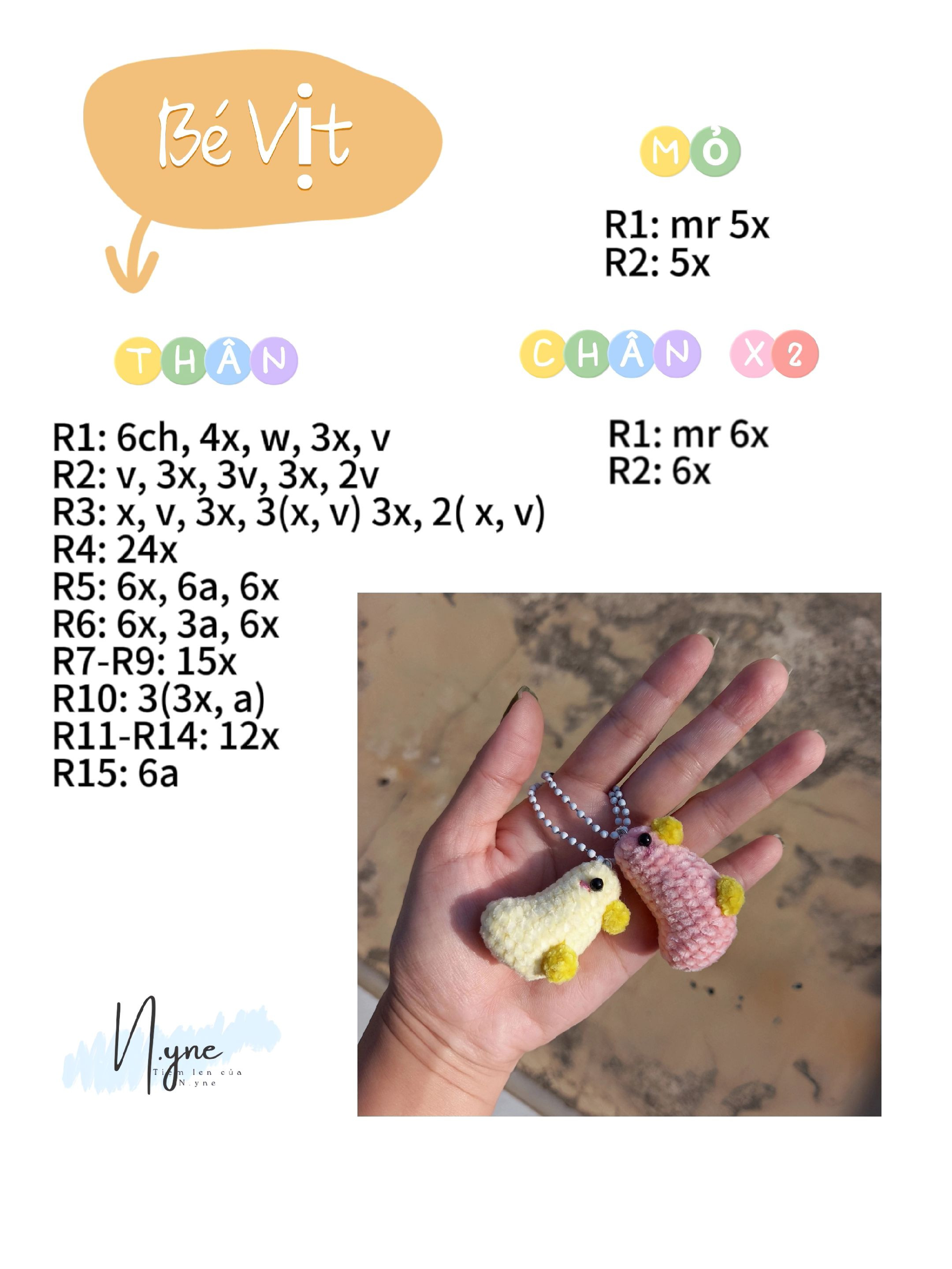 Hướng dẫn móc len Bé Vịt dễ thương màu vàng và hồng