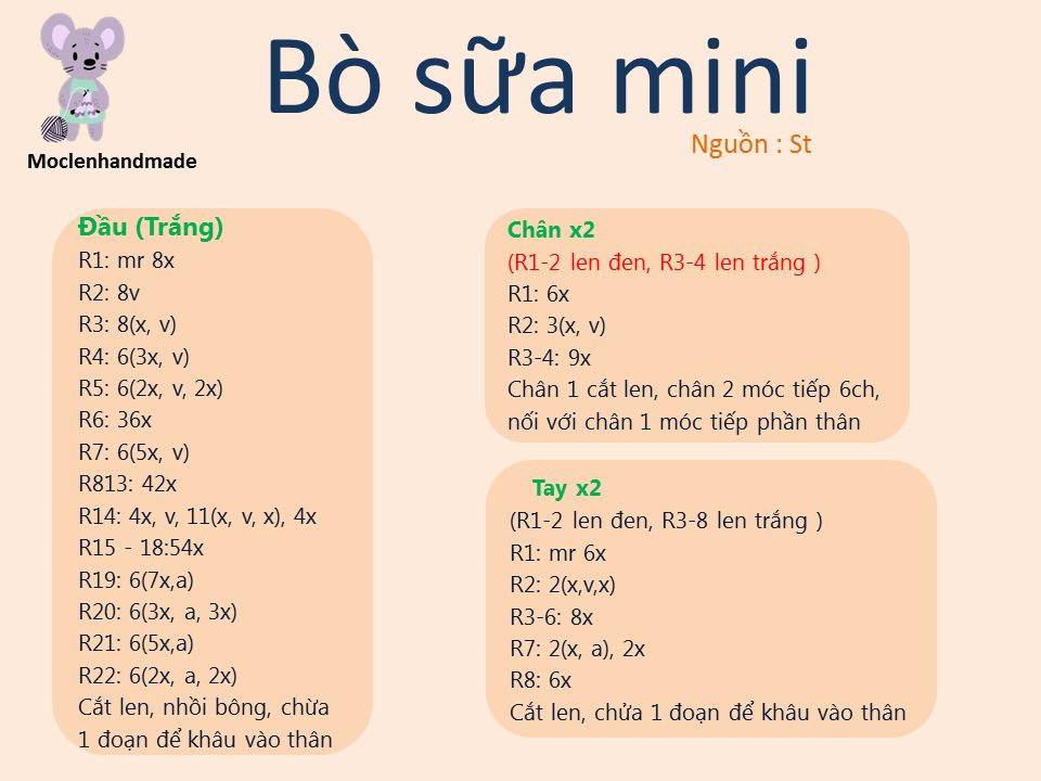 Hướng dẫn móc len Bò sữa mini - Tặng chart