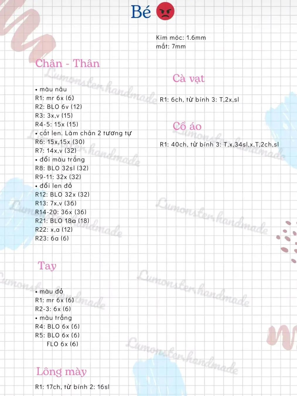 Hướng dẫn móc len búp bê Bé giận dữ (Angry) màu đỏ, chart chi tiết từng phần