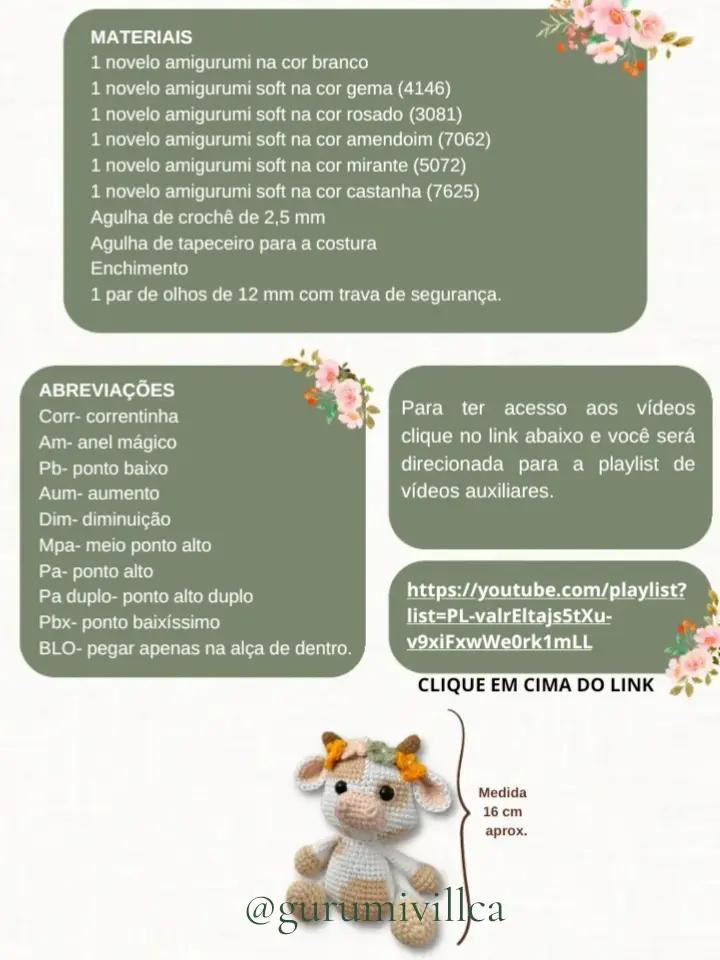 Hướng dẫn móc len búp bê bò Vaquinha Flora Amigurumi