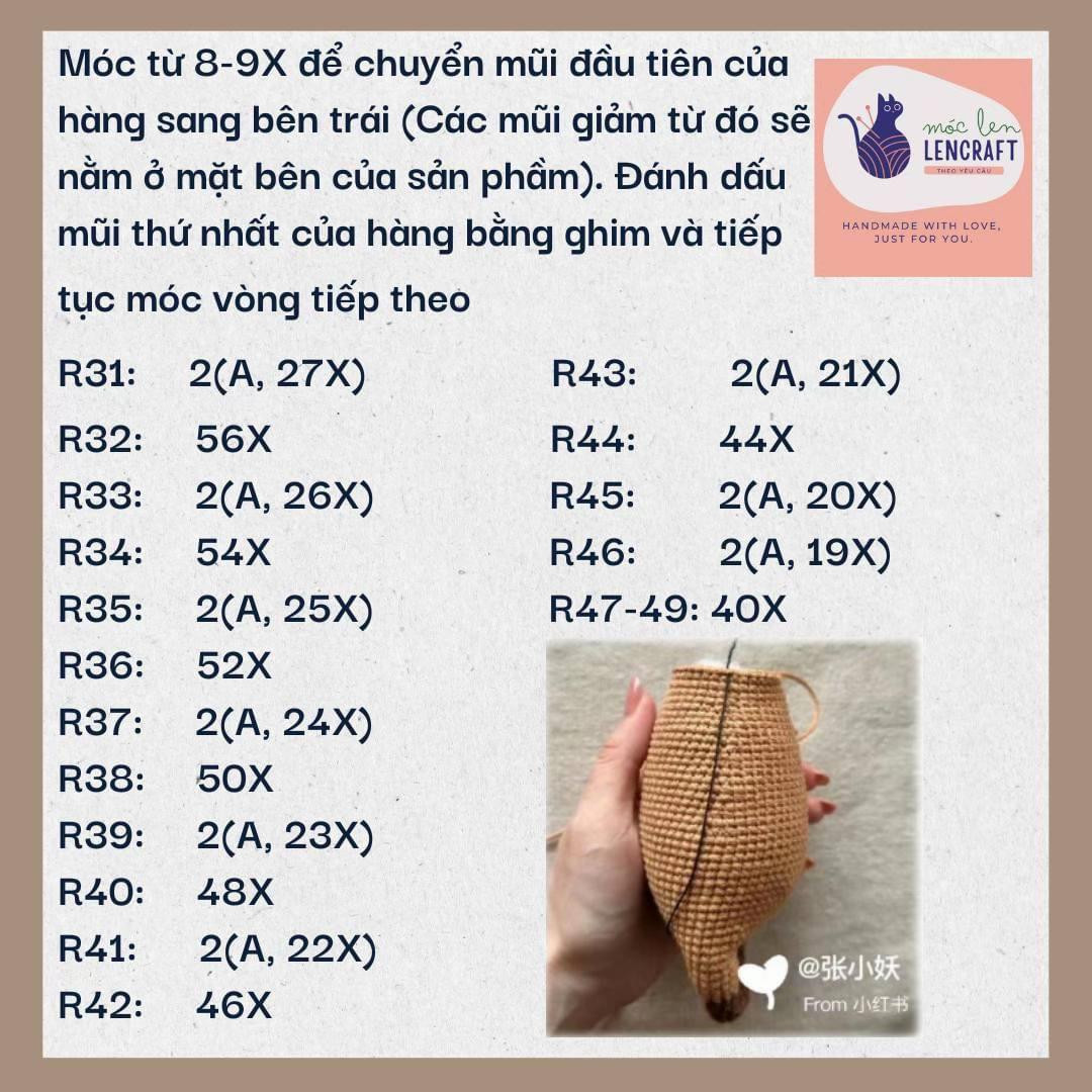 Hướng dẫn móc len búp bê Capybara đội cam: Chart chi tiết từng hàng