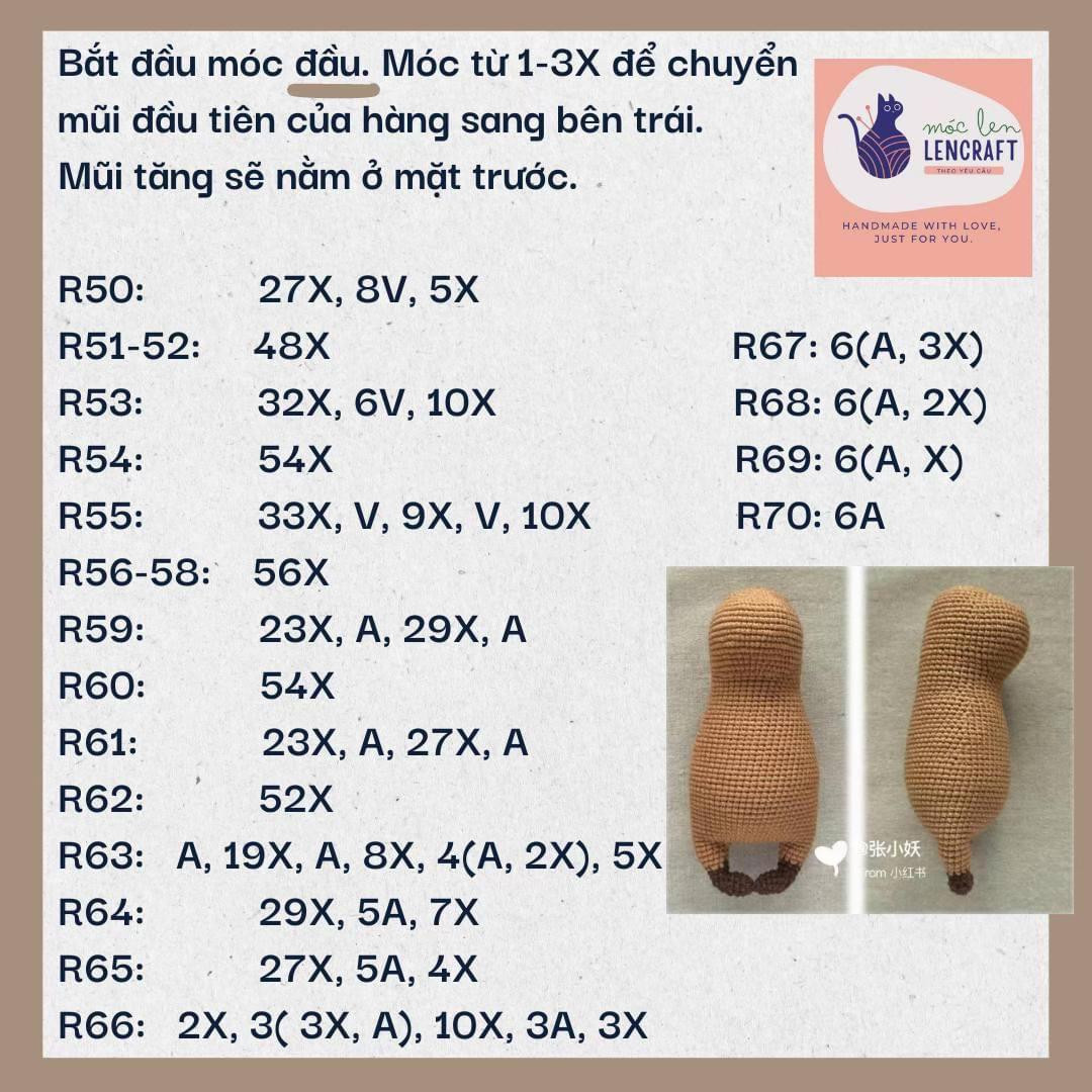 Hướng dẫn móc len búp bê Capybara đội cam: Chart chi tiết từng hàng